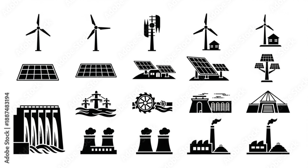Fototapeta premium Black and white renewable energy silhouettes arranged in vector rows