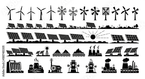 Black and white renewable energy silhouettes arranged in vector rows