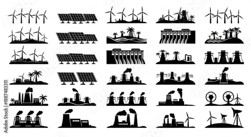 Black and white renewable energy silhouettes arranged in vector rows