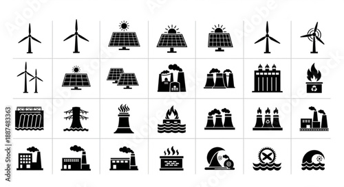 Black and white renewable energy silhouettes arranged in vector rows