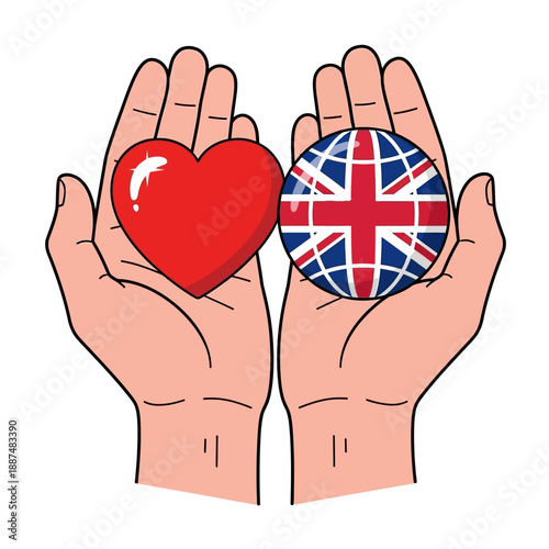 Open hands gently holding a vibrant red heart symbol next to a globe icon featuring the distinct union jack flag design on white background