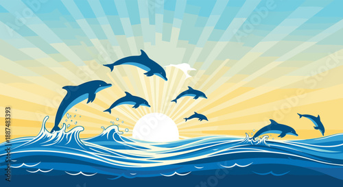 Beautiful sunset scene over the ocean with multiple dolphins leaping through waves against a backdrop of sun rays and light clouds.