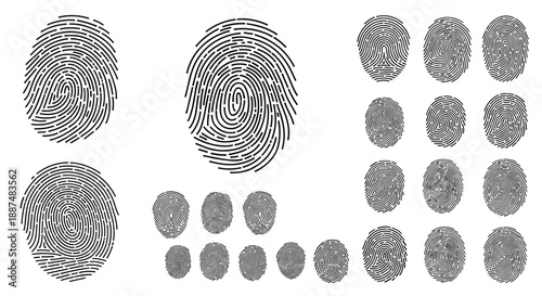 Extensive collection of black ink fingerprints and thumbprints showing unique patterns and ridges for forensic and identification purposes.