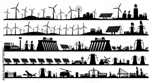 Black and white renewable energy silhouettes arranged in vector rows