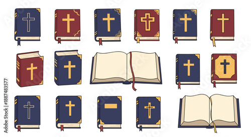 Large set of holy bible books in navy blue and deep red colors shown in various positions including closed and open with golden cross symbols.