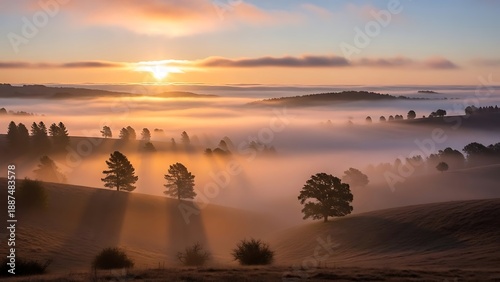 Sunrise over Foggy Landscape with Trees