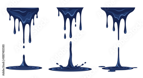 Vector illustration showing three different styles of dark blue liquid dripping and splashing into puddles with smooth glossy surface highlights.