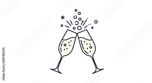 Elegant minimalist line art illustration of two champagne glasses clinking in a toast with celebratory bubbles and sparkling star elements.