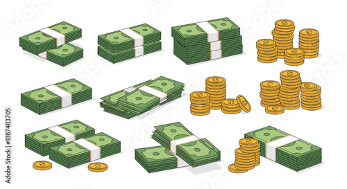 Isometric stacks and bundles of green paper money and gold coins in multiple arrangements representing banking and financial wealth success.