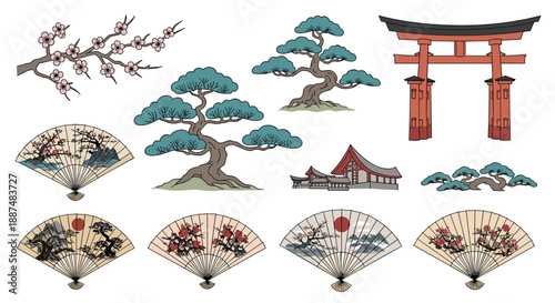 Traditional Japanese culture elements featuring bonsai trees torii gate pagoda fans and cherry blossoms for oriental themed design projects.