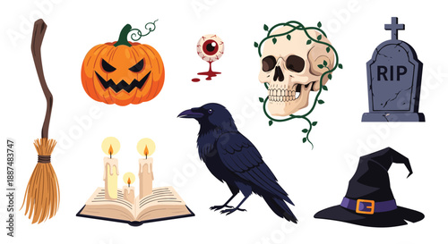 Set of classic Halloween themed illustrations featuring a spooky pumpkin skull crow witch hat and other macabre elements for holiday decor.