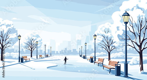 Serene winter park scene with snow covered trees benches lampposts and a person skating on a frozen pond against city skyline.