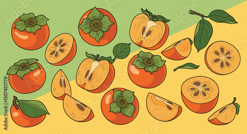 Delicious collection of whole halved and sliced persimmons showing the bright orange fruit for food and autumn harvest themes.