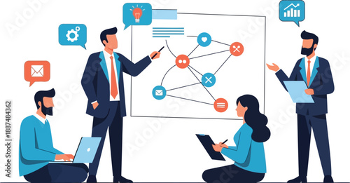 Business team discussing strategy on whiteboard isolated on transparent background