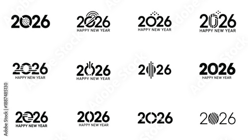 Happy New Year 2026 typography logo set with modern minimalist number styles and creative festive celebration designs