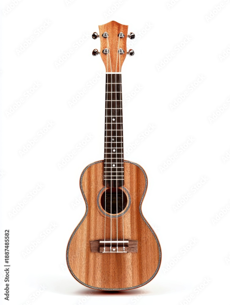 Fototapeta premium Hawaiian Ukulele With Wood Grain Texture Isolated On White Background Studio Shot