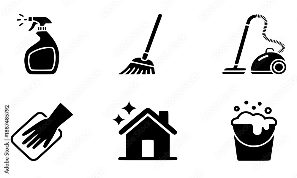 Obraz premium Cleaning services and household maintenance icon set, spray bottle, broom, vacuum, and soap bucket silhouettes, professional domestic chores and janitorial vector illustration on white background