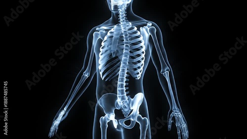 Rotating Human Skeleton X-Ray Body Scan Hologram on Black Background Animation for Medical Visualization and