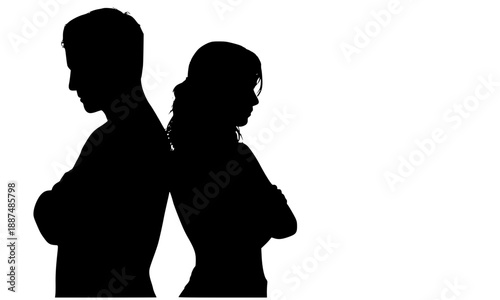 Relationship conflict and breakup silhouette, unhappy couple standing back to back with crossed arms, divorce and marriage problems icon, sadness and emotional distance vector illustration