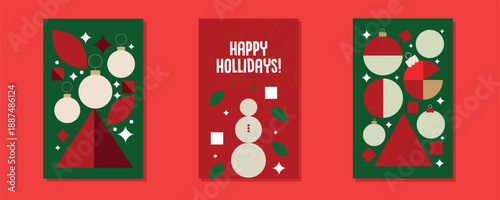 Set of geometric christmas greeting card templates,holiday story background collection,three vertical Christmas cards designed in your signature geometric Bauhaus style