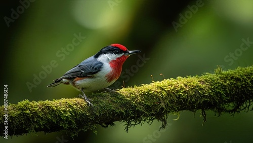 Small bird perched on mossy branch