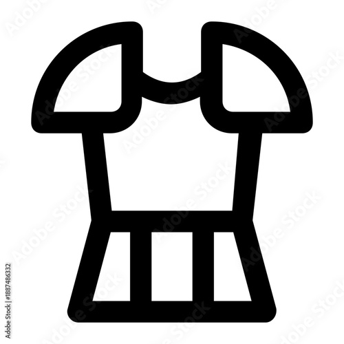 A minimalist black and white line art icon of medieval armor. The simple drawing features a breastplate, shoulder guards (pauldrons), and a lower skirt section, outlined with clean strokes.