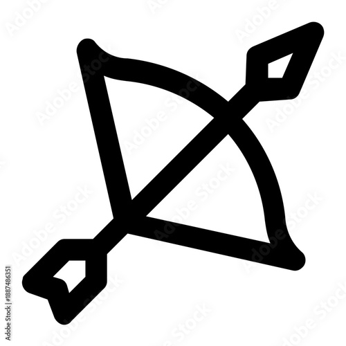 Minimal black bow and arrow line icon isolated on white background. Simple outline illustration symbolizing archery, aim, direction, focus, strength, and strategy. Ideal for logos, apps, UI and UX.