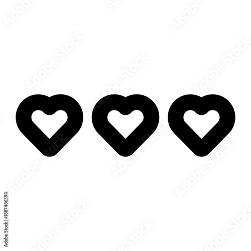 Minimalist trio of black heart icons in a row on a white background, featuring bold outlines and clean negative space. Perfect for love and romance themes, lives or health indicators in gaming.