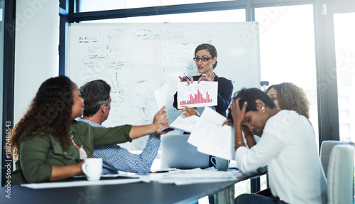 Fotografía Presentation, graph and stress with business woman in office for meeting, poor performance and planning
