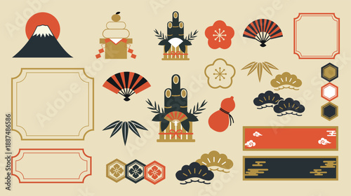 Japanese new year vector elements set featuring kadomatsu fuji mountain and kagami mochi,Traditional asian holiday decoration kit,lunar new year illustration collection