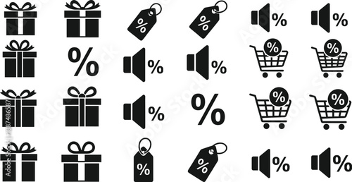 Shopping discount icons set with gift boxes, price tags, shopping carts, sale percentage symbols, retail promotion concept, black silhouette vector