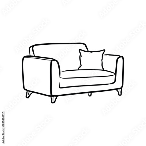 Modern Comfortable Two-Seater Sofa with Pillow Line Art Illustration