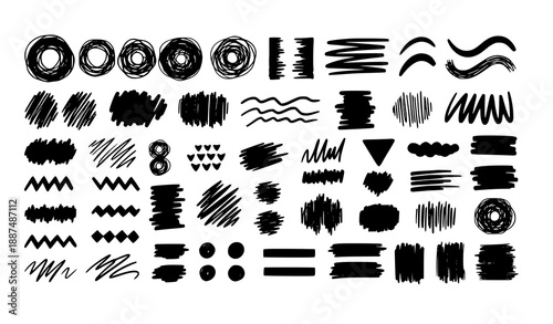 Hand-drawn marker scribbles and brush strokes vector set with geometric shapes