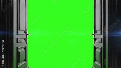 Green Screen black classic doors opening background animation 3d render alpha channel scene 1 with distortion, overlay, glitch, static noise, scan lines on background, 4k animated video loop