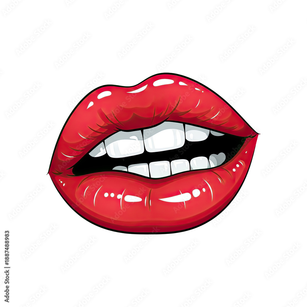 Obraz premium Red glossy lips open showing white teeth, sensual and expressive facial feature