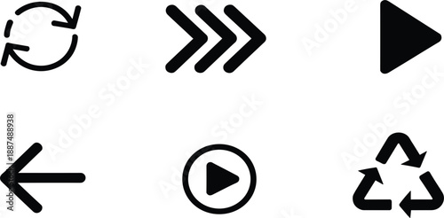 Modern arrow vector icon set, multimedia play buttons, recycle symbol, direction pointers, navigation graphic design element