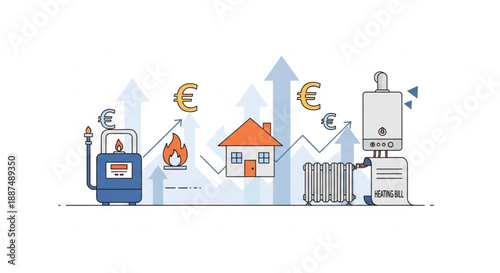 European Residential Energy Cost Increase – Household Utilities, Heating System and Euro Currency Infographic Vector