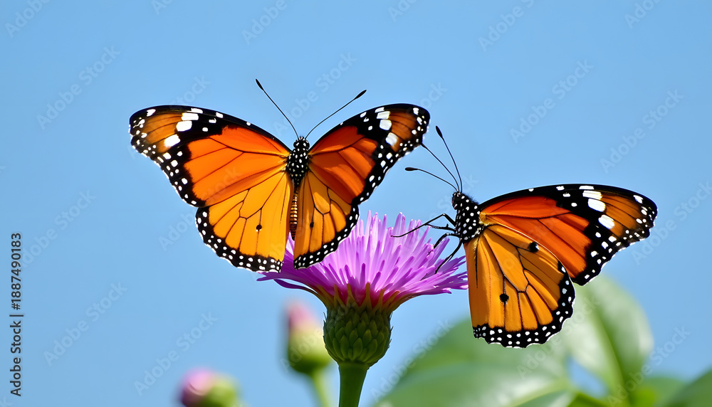 Fototapeta premium Two monarch butterflies with vibrant orange wings rest on a purple flower against a clear blue sky