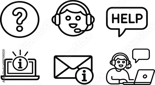 Customer help and support vector icons, including call center agent, information, email, and FAQ symbol
