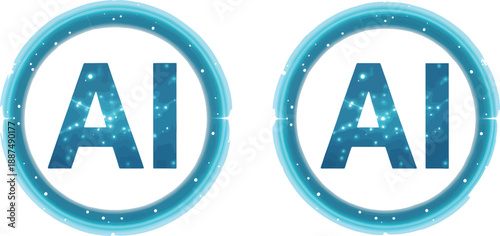 AI logos with futuristic glowing blue circular frames and speckled texture