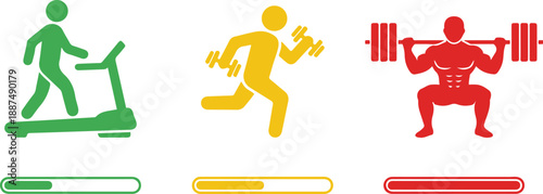 green for walking on a treadmill (beginner), yellow for running with dumbbells (intermediate), and red for heavy barbell squats (advanced), each accompanied by a corresponding progress bar.