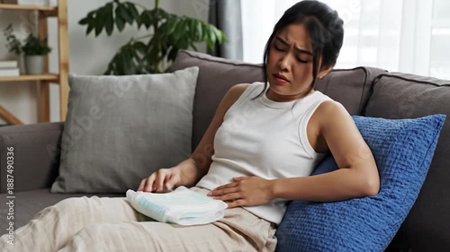 Woman experiencing menstrual cramps on couch with sanitary pad