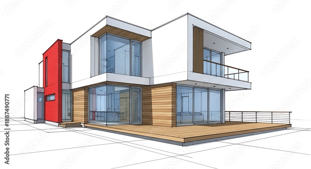 Fototapeta premium Detailed Architectural Render of Modern House with Red Accent Wall