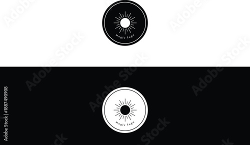 Minimalist sun logo with rays in a circle simple vector graphic for branding and design presented on black and white backgrounds