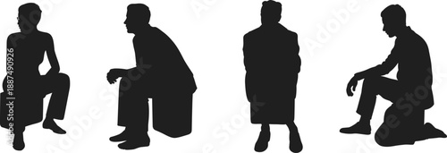 Businessman silhouette illustration set with sitting and thinking poses, professional lifestyle, contemplation and stress concept, black vector collection