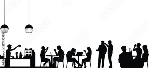 Coffee shop silhouette illustration with people drinking, working, socializing, barista counter, modern cafe interior scene, black vector design