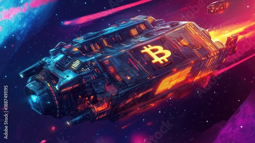 Cryptocurrency Spaceship Launching, Bitcoin, Outer Space, Illustration, Sci-fi Environment, Dynamic Angle, Futuristic Finance and Technology Concept