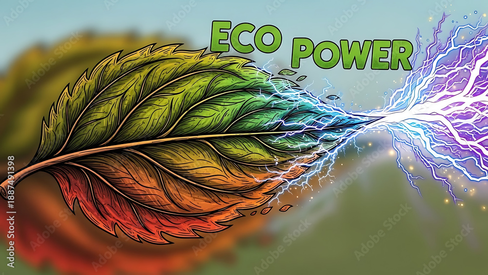 Fototapeta premium A colorful leaf with electric energy and eco power concept