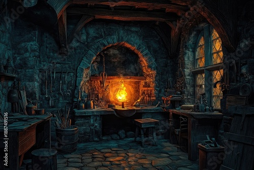 Forging Blacksmith Workshop, Craftsman, Medieval Village, Photo, Rustic Interior, Wide Angle, Ancient Craftsmanship and Artisan Skills Depicted in Glowing Forge