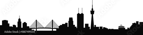 Modern city skyline silhouette illustration with bridge and skyscrapers, urban architecture panorama, metropolitan landscape, black vector design